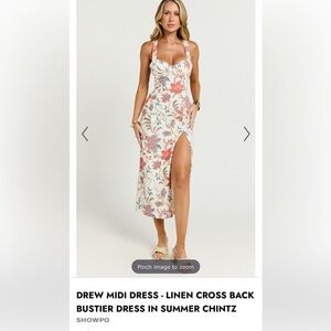 Showpo. Drew Midi Dress - Floral Linen Cross Back